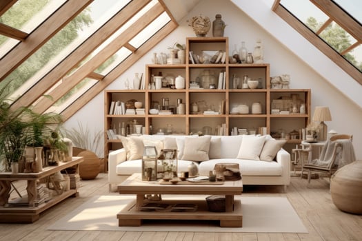 Attic living room with glass shelves 3d model photo