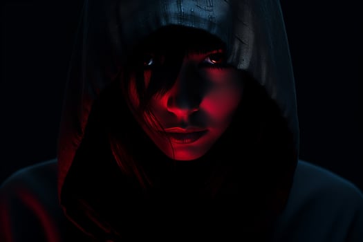 a woman in a hoodie with red light on her face generative ai photo