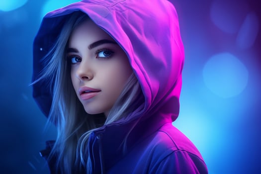 a woman in a purple hoodie with blue lights behind her generative ai photo