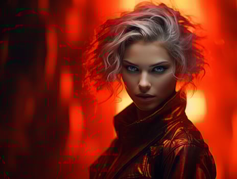 a woman in a red leather jacket with blue eyes generative ai photo