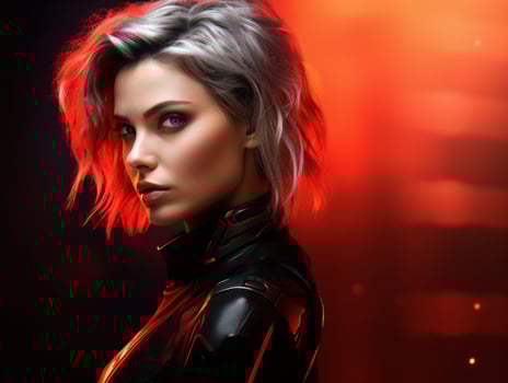 an image of a woman in a black suit with red hair generative ai photo