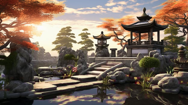 An artistic composition featuring a harmonious Japanese-style garden with a koi pond, stone lanterns, and bonsai trees, allowing space for text. Background image, AI generated photo