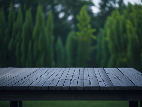 Wooden table and blur tropical green grass background, product display montage. High quality photo 8k FHD AI generated