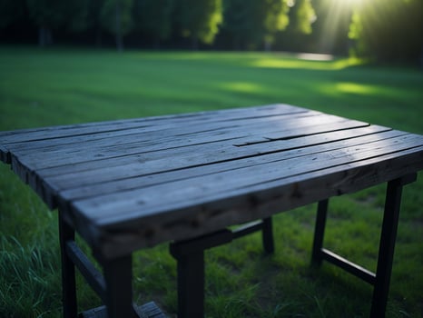 Wooden table and blur tropical green grass background, product display montage. High quality photo 8k FHD AI generated