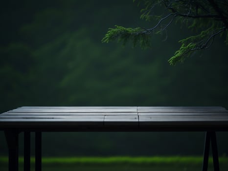 Wooden table and blur tropical green grass background, product display montage. High quality photo 8k FHD AI generated