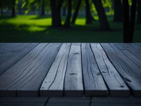 Wooden table and blur tropical green grass background, product display montage. High quality photo 8k FHD AI generated