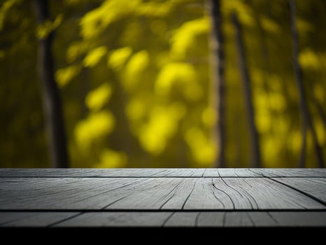 Wooden table and blur tropical green grass background, product display montage. High quality photo 8k FHD AI generated