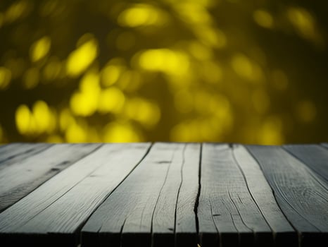 Wooden table and blur tropical green grass background, product display montage. High quality photo 8k FHD AI generated