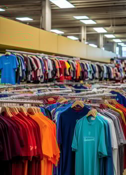 Row of fashionable polo t-shirts for man on wooden hanger or rack in a clothing boutique retail shop concept by AI Generated photo