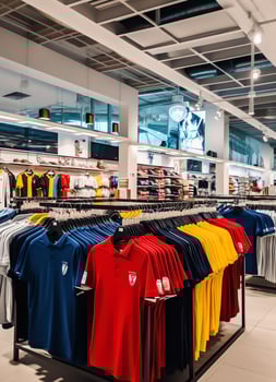 Row of fashionable polo t-shirts for man on wooden hanger or rack in a clothing boutique retail shop concept by AI Generated photo