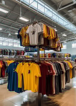 Row of fashionable polo t-shirts for man on wooden hanger or rack in a clothing boutique retail shop concept by AI Generated photo