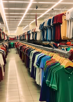 Row of fashionable polo t-shirts for man on wooden hanger or rack in a clothing boutique retail shop concept by AI Generated photo