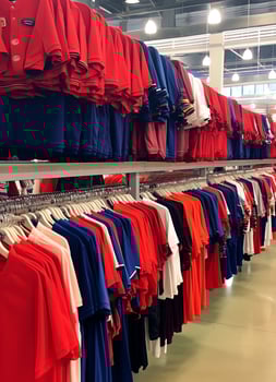 Row of fashionable polo t-shirts for man on wooden hanger or rack in a clothing boutique retail shop concept by AI Generated photo