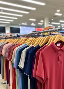 Row of fashionable polo t-shirts for man on wooden hanger or rack in a clothing boutique retail shop concept by AI Generated photo