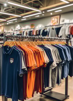 Row of fashionable polo t-shirts for man on wooden hanger or rack in a clothing boutique retail shop concept by AI Generated photo