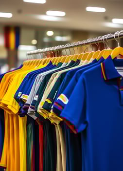 Row of fashionable polo t-shirts for man on wooden hanger or rack in a clothing boutique retail shop concept by AI Generated photo