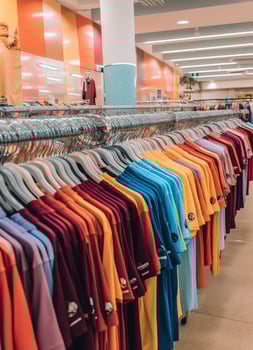Row of fashionable polo t-shirts for man on wooden hanger or rack in a clothing boutique retail shop concept by AI Generated photo