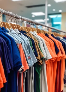 Row of fashionable polo t-shirts for man on wooden hanger or rack in a clothing boutique retail shop concept by AI Generated photo