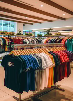 Row of fashionable polo t-shirts for man on wooden hanger or rack in a clothing boutique retail shop concept by AI Generated photo