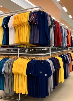 Row of fashionable polo t-shirts for man on wooden hanger or rack in a clothing boutique retail shop concept by AI Generated photo
