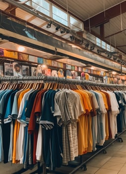 Row of fashionable polo t-shirts for man on wooden hanger or rack in a clothing boutique retail shop concept by AI Generated photo