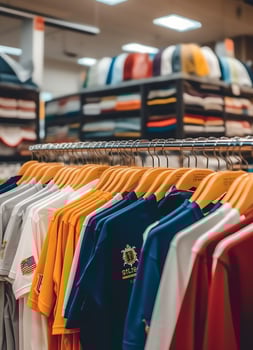 Row of fashionable polo t-shirts for man on wooden hanger or rack in a clothing boutique retail shop concept by AI Generated photo