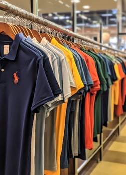 Row of fashionable polo t-shirts for man on wooden hanger or rack in a clothing boutique retail shop concept by AI Generated photo