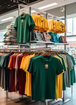 Row of fashionable polo t-shirts for man on wooden hanger or rack in a clothing boutique retail shop concept by AI Generated photo