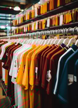 Row of fashionable polo t-shirts for man on wooden hanger or rack in a clothing boutique retail shop concept by AI Generated photo