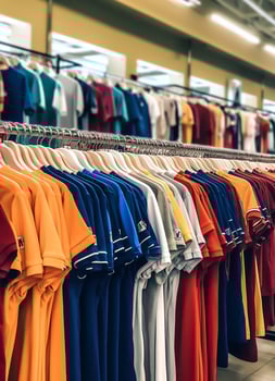 Row of fashionable polo t-shirts for man on wooden hanger or rack in a clothing boutique retail shop concept by AI Generated photo