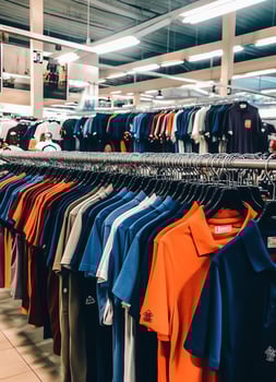 Row of fashionable polo t-shirts for man on wooden hanger or rack in a clothing boutique retail shop concept by AI Generated photo