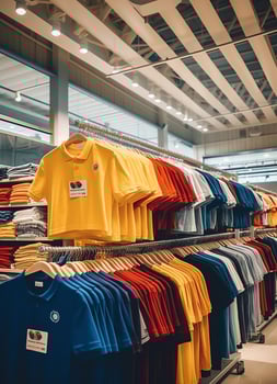 Row of fashionable polo t-shirts for man on wooden hanger or rack in a clothing boutique retail shop concept by AI Generated photo