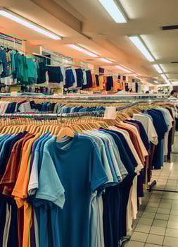 Row of fashionable polo t-shirts for man on wooden hanger or rack in a clothing boutique retail shop concept by AI Generated photo