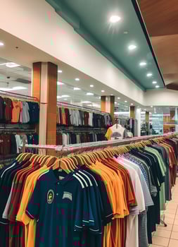 Row of fashionable polo t-shirts for man on wooden hanger or rack in a clothing boutique retail shop concept by AI Generated photo