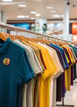Row of fashionable polo t-shirts for man on wooden hanger or rack in a clothing boutique retail shop concept by AI Generated photo
