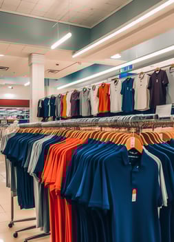 Row of fashionable polo t-shirts for man on wooden hanger or rack in a clothing boutique retail shop concept by AI Generated photo