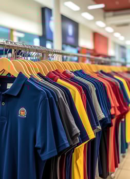 Row of fashionable polo t-shirts for man on wooden hanger or rack in a clothing boutique retail shop concept by AI Generated photo