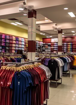 Row of fashionable polo t-shirts for man on wooden hanger or rack in a clothing boutique retail shop concept by AI Generated photo