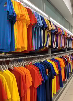 Row of fashionable polo t-shirts for man on wooden hanger or rack in a clothing boutique retail shop concept by AI Generated photo
