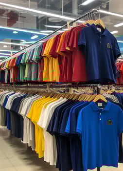 Row of fashionable polo t-shirts for man on wooden hanger or rack in a clothing boutique retail shop concept by AI Generated photo