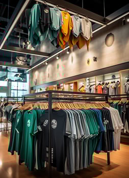 Row of fashionable polo t-shirts for man on wooden hanger or rack in a clothing boutique retail shop concept by AI Generated photo