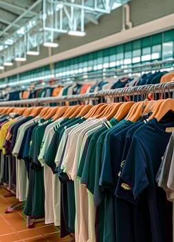 Row of fashionable polo t-shirts for man on wooden hanger or rack in a clothing boutique retail shop concept by AI Generated photo