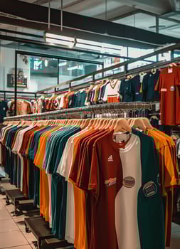 Row of fashionable polo t-shirts for man on wooden hanger or rack in a clothing boutique retail shop concept by AI Generated photo