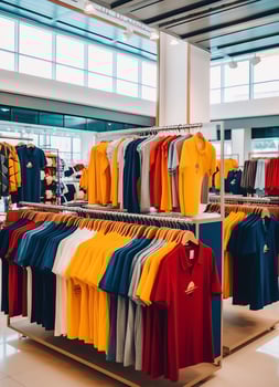 Row of fashionable polo t-shirts for man on wooden hanger or rack in a clothing boutique retail shop concept by AI Generated photo