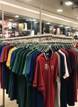 Row of fashionable polo t-shirts for man on wooden hanger or rack in a clothing boutique retail shop concept by AI Generated photo