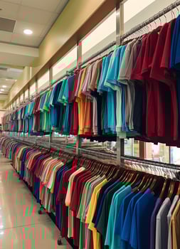 Row of fashionable polo t-shirts for man on wooden hanger or rack in a clothing boutique retail shop concept by AI Generated photo