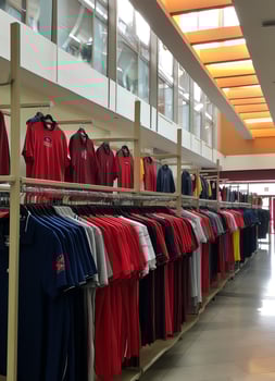Row of fashionable polo t-shirts for man on wooden hanger or rack in a clothing boutique retail shop concept by AI Generated photo