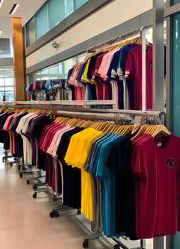 Row of fashionable polo t-shirts for man on wooden hanger or rack in a clothing boutique retail shop concept by AI Generated photo