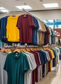 Row of fashionable polo t-shirts for man on wooden hanger or rack in a clothing boutique retail shop concept by AI Generated photo