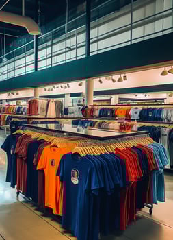 Row of fashionable polo t-shirts for man on wooden hanger or rack in a clothing boutique retail shop concept by AI Generated photo